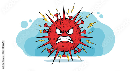 An angry cartoon coronavirus particle represents the aggressive nature of the microscopic virus.