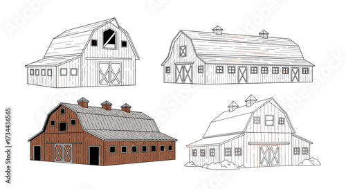Collection of rustic wooden barn illustrations for rural designs