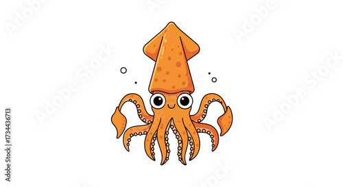 A cute cartoon orange squid with big eyes and tentacles waving in the water surrounded by small bubbles.