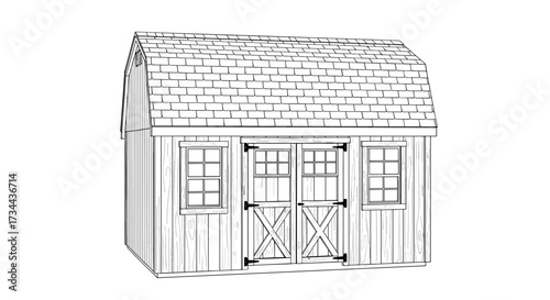 A charming barn style shed with double doors and windows.