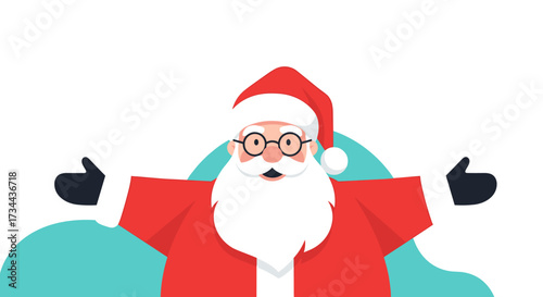 Merry christmas greeting from santa claus with open arms and cheerful expression.