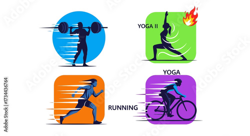 Fitness Frenzy A Vibrant Collage of Yoga, Weightlifting, Running and Cycling Icons