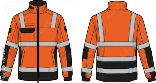 CAD drawing flat vector illustration of high visibility safety jacket with reflective strips front and back technical apparel template for workwear