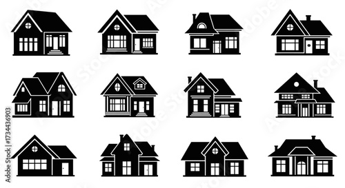 A collection of different styles of residential houses depicted in black and white silhouette form.