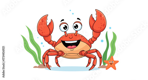 A happy cartoon crab with big claws and a starfish in the ocean.