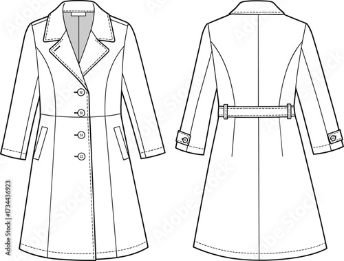 CAD drawing flat vector illustration of long sleeve trench coat front and back fashion technical sketch for clothing design template