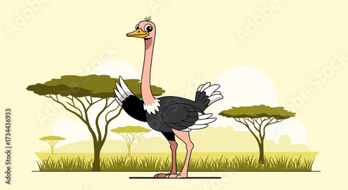 A tall ostrich with long legs stands in the savanna with acacia trees in the background.