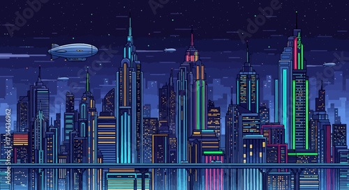 Retro-futuristic cityscape at night with glowing neon lights and a blimp sailing past skyscrapers