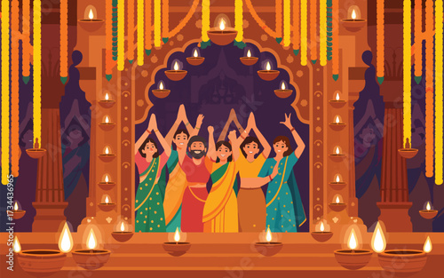 Indian people celebrating festival of lights with diyas and marigold garlands