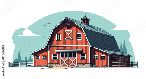 A classic red barn with white trim sits on a farm under a blue sky with clouds and birds flying.