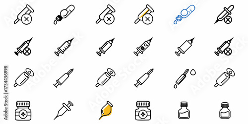Essential medical icons showcasing syringes, droppers, and vials for healthcare, pharmacy, and research visual storytelling