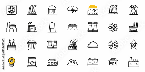 Diverse industrial and energy icons representing factories, power lines, atomic symbols, and innovation with a clean, modern aesthetic for business and technology projects