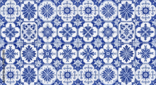 Intricate blue and white ceramic tile pattern showcasing traditional decorative design elements, providing a sophisticated and elegant background texture for various creative projects