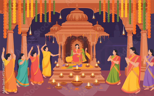 Indian women celebrate festival with diyas and offerings