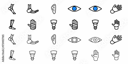 Dynamic collection of medical icons featuring prosthetic limbs, human eyes, and hands, perfect for healthcare and technology innovation projects