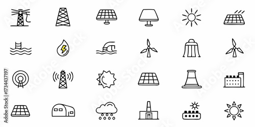 Dynamic renewable energy icons showcase diverse power sources including solar, wind, and hydro for modern industrial and eco-friendly design projects.