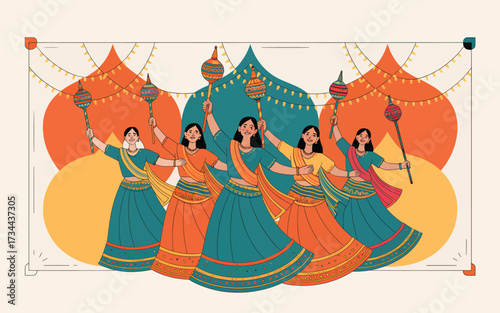 Five women in traditional Indian clothing dancing with decorative sticks