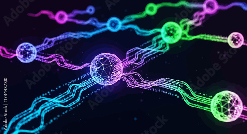 Dynamic visualization of abstract digital data networks and interconnected neural pathways, illustrating complex information flow, technological advancement, and the concept of smart systems