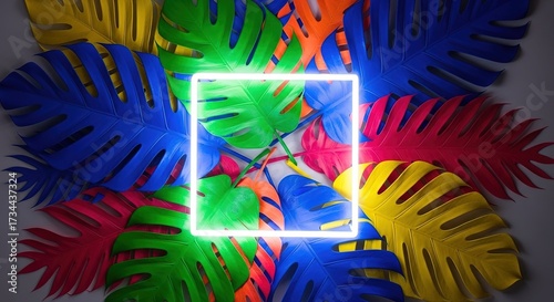 Vibrant Monstera Leaves with Glowing Square Frame, Bold Colors a