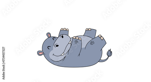 A cartoon hippo rolls around playfully on its back in this animated GIF.