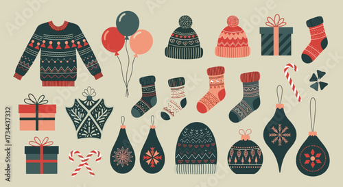 A charming collection of festive holiday objects including cozy winter wear gifts and decorations for a cheerful celebration.