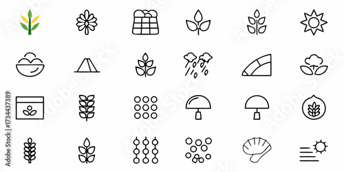 Captivating collection of agricultural icons showcasing growth, weather, and natural elements, perfect for farming, science, and environmental projects