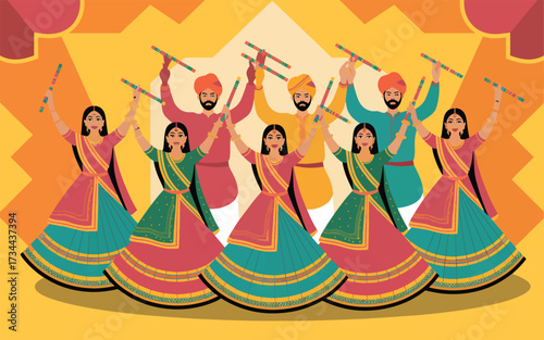 Indian men and women dancing with dandiya sticks Indian culture