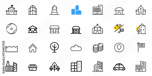 Discover a versatile collection of modern line art icons representing buildings, nature, and finance, perfect for dynamic web design and professional presentations.