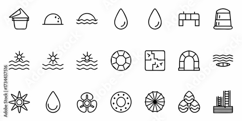 Collection of clean line art icons representing summer beach fun, water activities, and vacation elements for travel websites and seasonal promotions