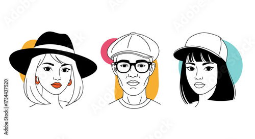 Diverse portraits of three stylish individuals showcasing fashion and individuality in a minimalist artistic style.