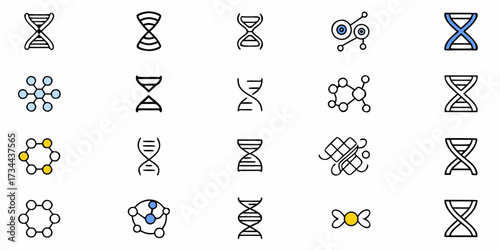 Discover the building blocks of life with this dynamic collection of science icons featuring DNA helix and molecular structures, perfect for biotechnology and healthcare innovation