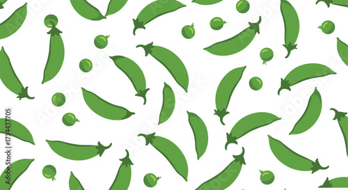 Seamless pattern of fresh green peas and pods illustration, healthy vegetable background design for organic food, farming, agriculture, nutrition, wellness concepts