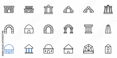 Discover a diverse collection of elegant architectural icons representing various structures like arches, buildings, and columns, perfect for modern design projects and historical themes.