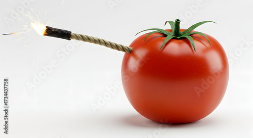 Bomb Tomato in a Minimalist Studio Setting, Creative Photography Concept, High-Impact Visuals, White Background, Unique Perspective on Food Art