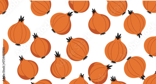 Onion seamless pattern vector illustration, flat design for kitchen decor, food packaging, recipe blogs, and culinary branding — vibrant orange onions with green tops on white background