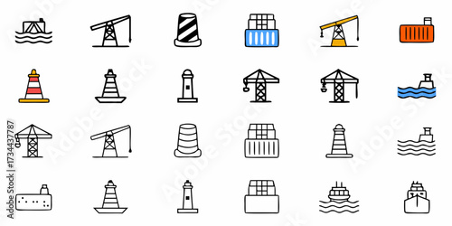 Dynamic maritime icons featuring cranes, lighthouses, ships, and cargo containers visually communicate port operations, logistics, and naval themes for modern design projects.