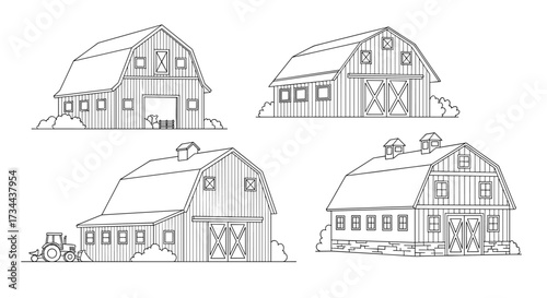 A collection of line art drawings featuring various styles of classic American barns with agricultural elements depicted.
