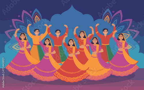 Group of people in traditional Indian clothing dancing