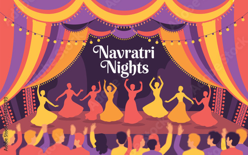 Colorful Stage Performance with Dancing Figures and Audience