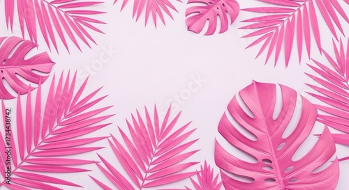 Vibrant pink tropical leaves arranged on a light pink background