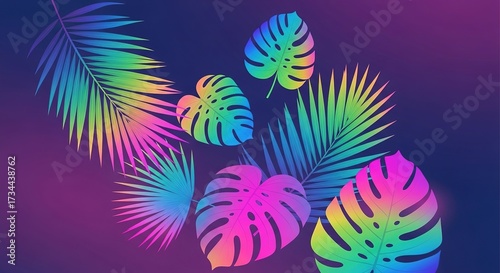 Vibrant Rainbow Hued Tropical Leaves Against a Deep Purple Backg