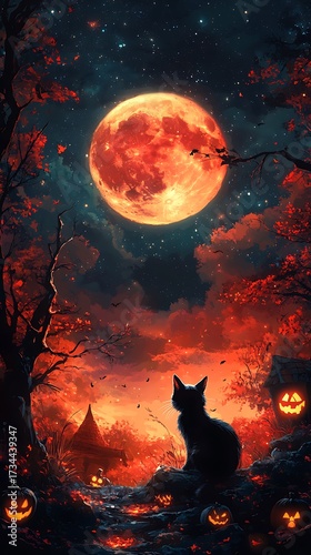 Mysterious black cat gazes at a blood moon over a spooky Halloween landscape with glowing jack-o'-lanterns and dark trees