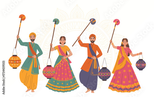 Four people in traditional Indian clothing holding lanterns