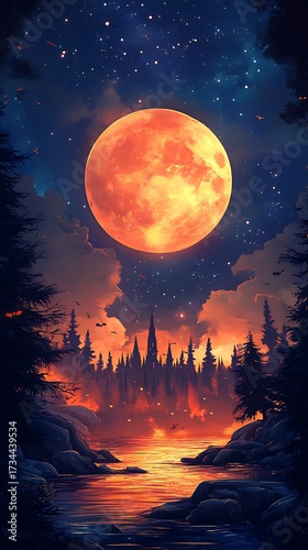 Mysterious orange moon shines over a dark forest and reflective water, creating an eerie and enchanting nocturnal landscape.