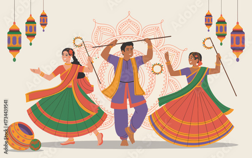 Indian dancers in traditional attire celebrate with sticks and lanterns