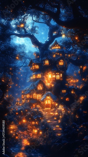 Enchanting fantasy village nestled within a giant ancient tree, glowing with warm light under a starry night sky.