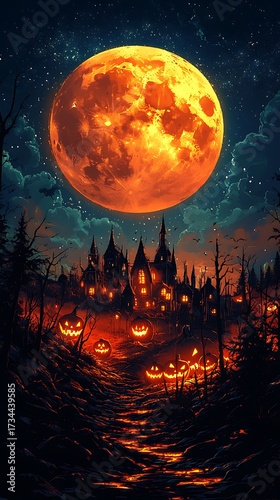 Spooky Halloween night with a giant glowing moon over haunted castles and grinning jack o lanterns illuminating a creepy forest path