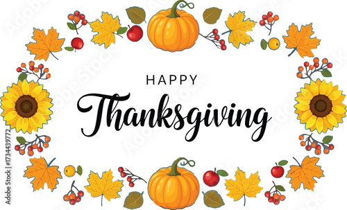 Festive Thanksgiving greeting with autumn leaves, pumpkins, and sunflowers