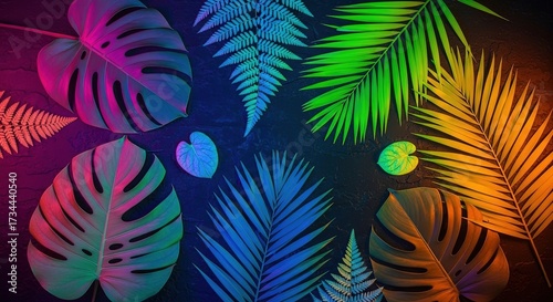Vibrant Tropical Foliage Illuminated with Neon Hues on Dark Text