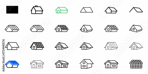 A clean vector icon set of construction and real estate symbols showing houses, buildings, roofs, windows, and property designs for web and business use